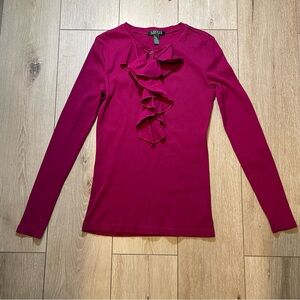 LAUREN Ralph Lauren Fuchsia Pink Ribbed Ruffle Blouse Top Lagenlook Chic Small